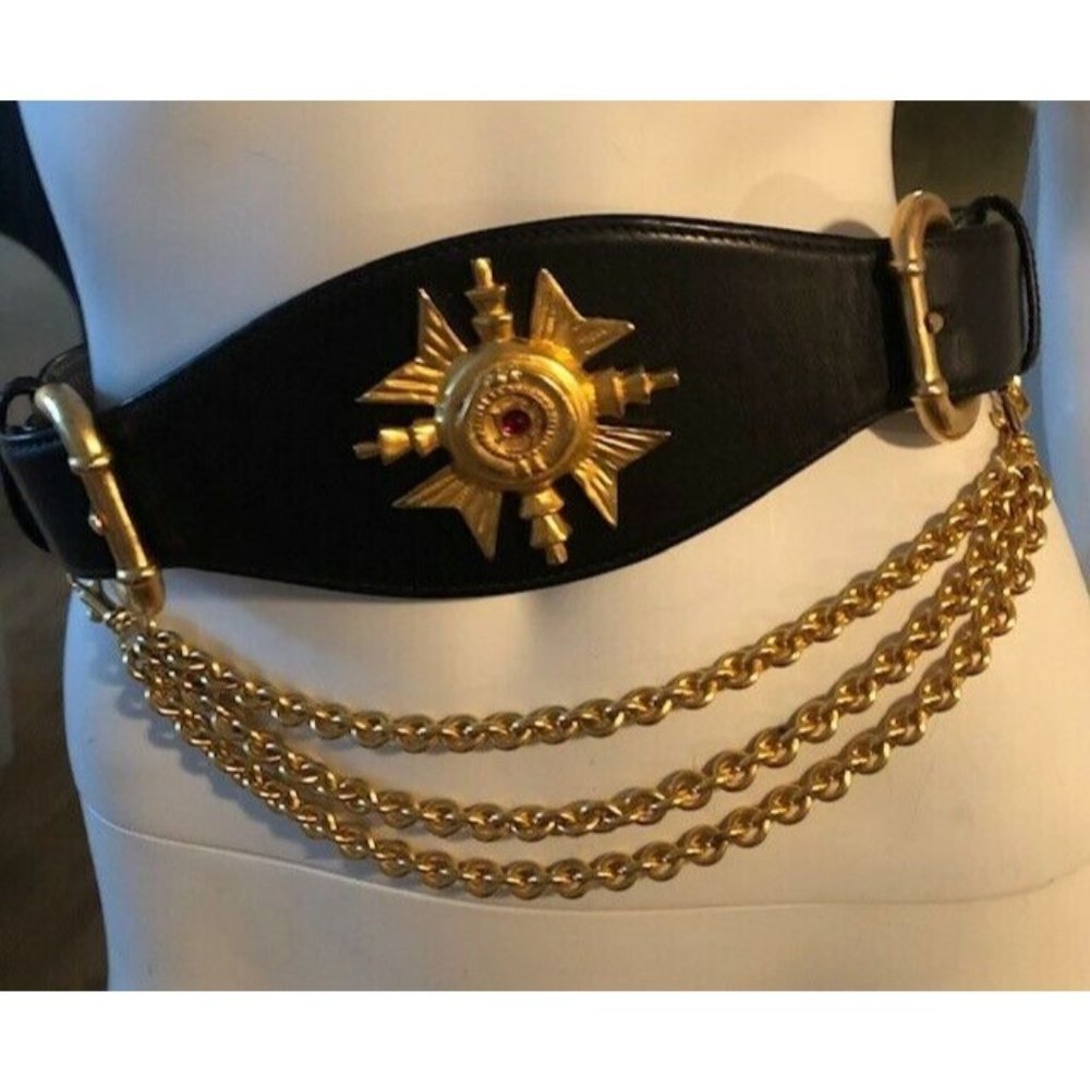 RARE VINTAGE ROBERT LEE MORRIS 4 DONNA KARAN GRIPOIX MALTESE CROSS LEATHER BELT - Picture 1 of 7